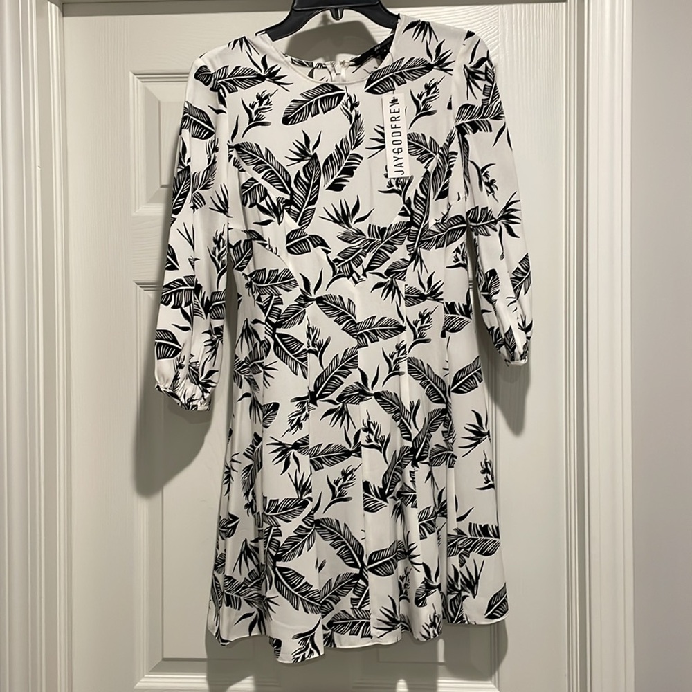 Jay Godfrey Dress "The Jean" Swing Dress Black White Feather Print Mini Size 4 - Picture 2 of 14